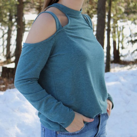 Teal Cold Shoulder Knit Top - Picture 3 of 3